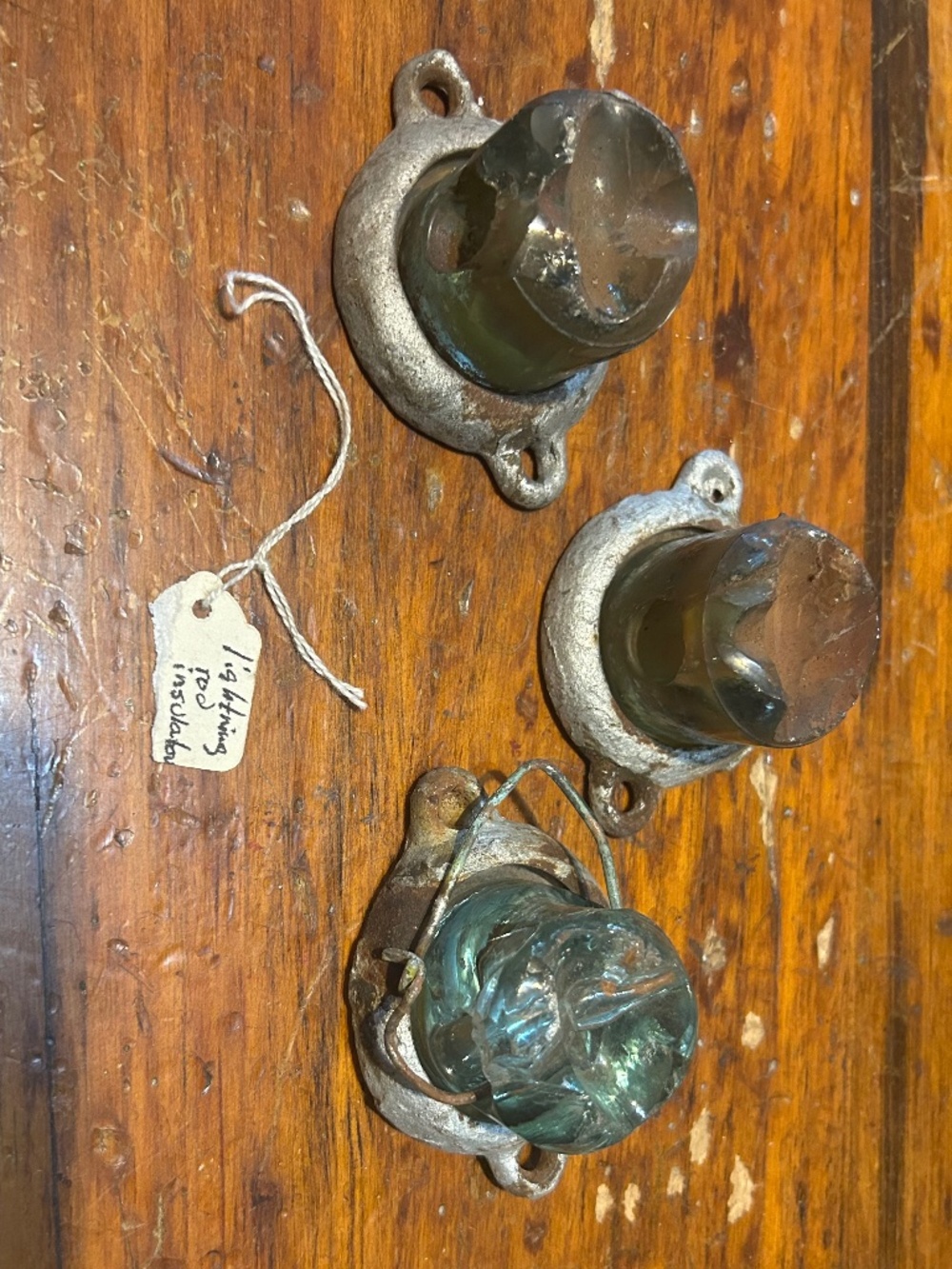 3- Old Original Aqua Glass Lightning Rod Weathervane Insulators With Brackets